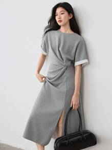 Dazy-Less 优雅商务休闲拼色扭纹设计高开叉中长款连衣裙，适合女士老式风格太阳裙 - 灰色 - 查看 4