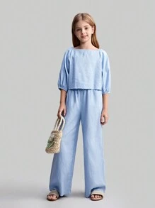 Maija Kids Maija Kids Tween Girls 2 Pieces Set: Loose Casual Shirt & Wide Leg Pants - Blue - View 3