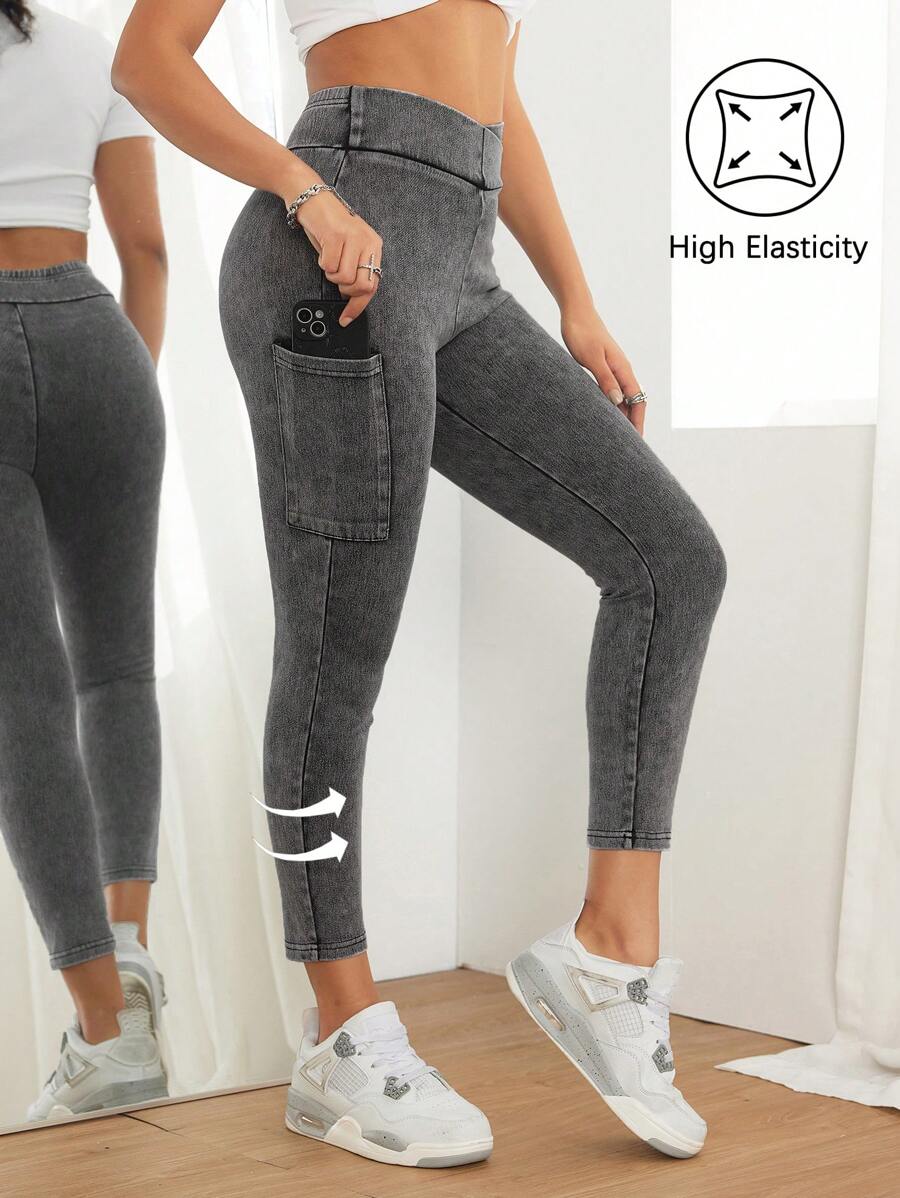 SHEIN PETITE PETITE 女式休闲紧身弹力牛仔裤，灰色，女式慢跑裤，女式紧身牛仔裤，女式紧身裤，小码女式裤子，弹力牛仔裤，黑色牛仔裤，高腰紧身牛仔裤 - 灰色 - 查看 1