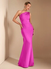 SHEIN BAE 优雅不对称领斜肩挂围巾女长裙，适合日常、约会、郊游、夜店、派对、圣诞节、秋季，酒红色 - 玫紅色 - 查看 2