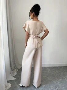 Rafferiza 女士纯色短袖休闲收腰连体裤 - 杏色 - 查看 2