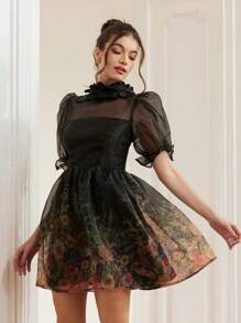 Aveloria Rosie Black Organza Romantic Daisy Floral Random Printed Sheer Short Sleeve Puff Sleeve Dress With 3D Flower Decoration For Women