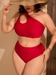 SHEIN Swim Curve 情人节基本款加大码单肩泳装套装，适合夏季海滩度假