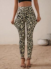 SHEIN LUNE 女士休闲修身弹力性感豹纹紧身裤 - 棕色 - 查看 6