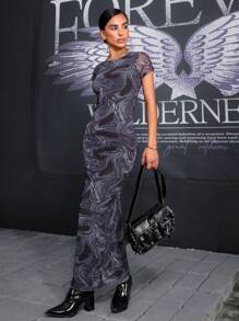 RueChic SHORT SLEEVE PRINTED TULLE LONG DRESS - Multicolor - View 6