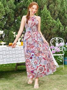 SHEIN 青少年波西米亚风花卉印花吊带束腰长裙