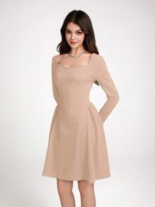 SHEIN Elegant & Luxurious Teen Girls Ruffle Long Sleeve Ruffle Trim Short Dress, Red, Suitable For Back To School, Birthday Party, Cocktail, Valentine's Day - Apricot - View 5