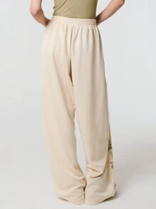 SHEIN Unity New York Logo Print Solid Wide Leg Casual Sweatpants With Pocket Fall Cloth For Women - Beige - View 2