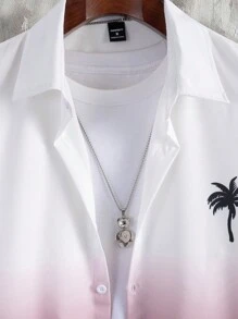 Manfinity Chillmode 2pcs/Set Men's Coconut Tree Ombre Print Short Sleeve Shirt + Shorts, Vacation, Cozy Outfits - Burgundy - View 4