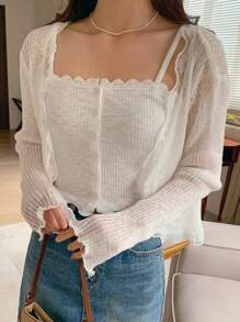 DAZY 女士花卉印花半透明宽松开衫 秋冬 - 白色 - 查看 8