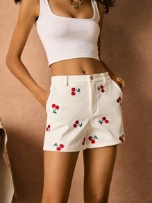 Poéselle Quần short cạp thấp thêu hoa anh đào trắng, quần short vải chéo trắng, thích hợp cho các hoạt động hàng ngày, đi chơi, lễ hội âm nhạc, hòa nhạc đồng quê. - trắng - Xem 7