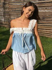 DAZY 度假蕾丝拼布抽绳系带牛仔衬衫夏季 - 藍色 - 查看 7