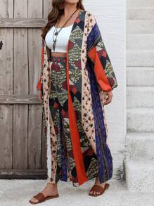 SHEIN LUNE 女士亚麻花卉印花宽松防晒罩衫 海滩罩衫 - 咖啡棕 - 查看 3