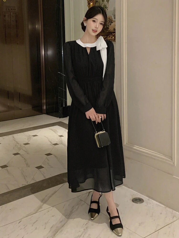 Women's Casual Tie-Up Colorblock Bow Decor Long Sleeve Midi Dress Fall,Winter