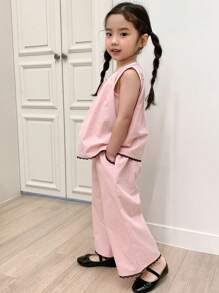 DAZY Young Girl's Casual 2 Pieces Set With Trimmed Round Neck Top And Pants - Pink - View 1