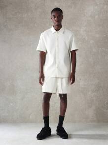 SUMWON Premium Textured Ribbed Summer Co-Ord Set Button Down Shirt Shorts Matching Set Casual Resort Beach Holiday Two-Piece Outfit Slim Fit - Beige - View 1