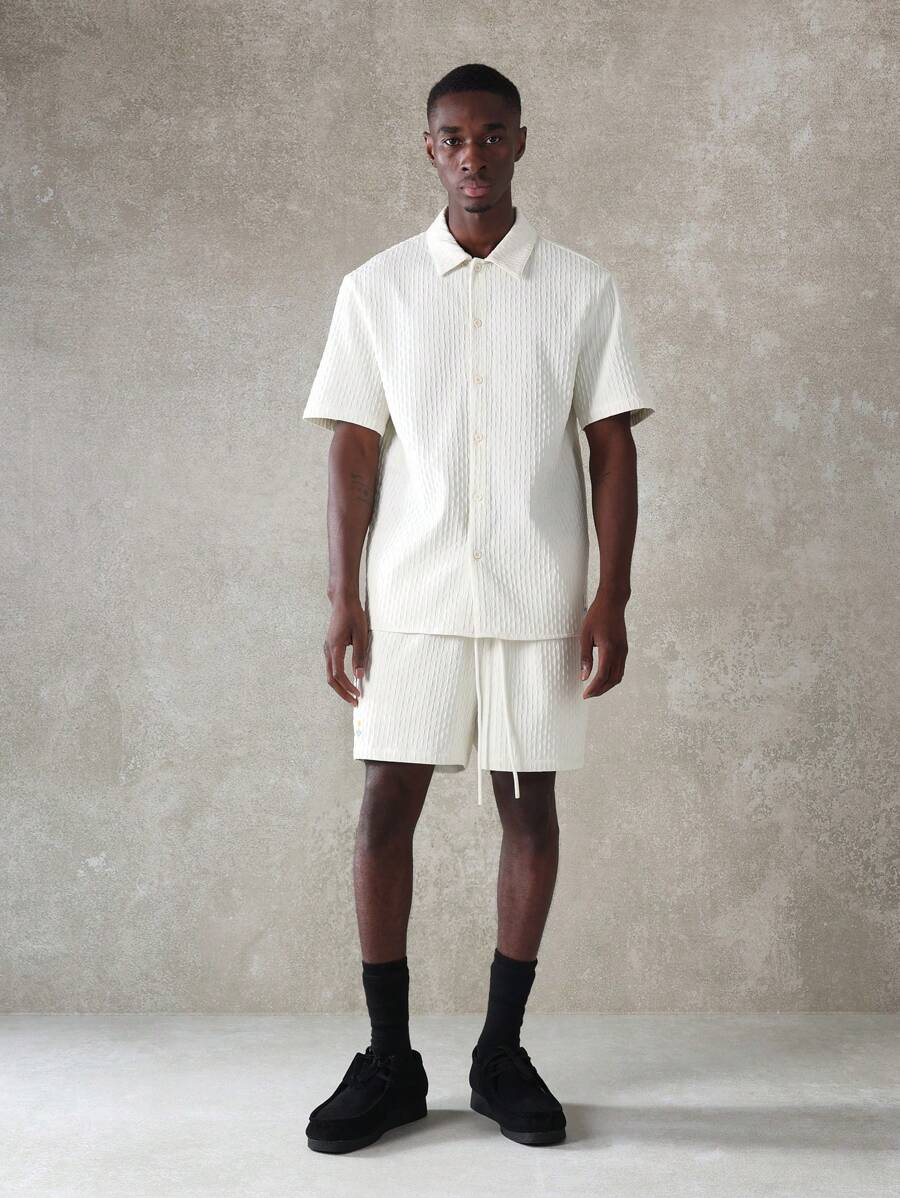 SUMWON Premium Textured Ribbed Summer Co-Ord Set Button Down Shirt Shorts Matching Set Casual Resort Beach Holiday Two-Piece Outfit Slim Fit - Beige - View 1