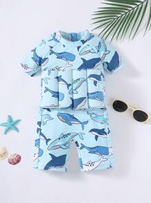 SHEIN 1pc Young Boy Cartoon Dinosaur Pattern Padded One-Piece Swimsuit, Cute Casual Holiday Wear, Suitable For Beach Or Pool, Spring/Summer - Blue - View 1