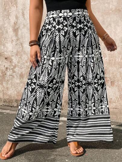 Breezaya Plus Size Floral High Waist Pocket Wide Leg Pants Fall Cloth For Women