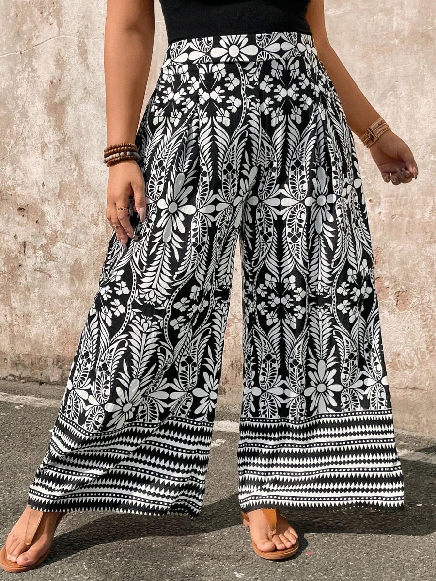 Breezaya Plus Size Floral High Waist Pocket Wide Leg Pants Fall Cloth For Women - Black - View 1