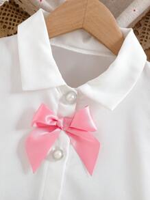 SHEIN Young Girl Solid Color Elegant 3D Bow Ruffle Short Sleeve Shirt, Suitable For Multiple Occasions - White - View 3