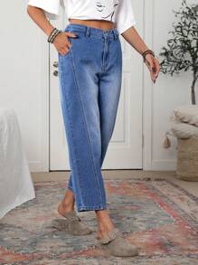 SHEIN LUNE Women's Vacation Casual Washed Tapered Leg Jeans