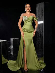 Glamrae 优雅薄荷绿亮面缎面透视长袖花朵贴花高领奢华水钻美人鱼侧高开衩垂坠尾长款晚礼服、婚礼宾客礼服、派对礼服、正式礼服 - 綠色 - 查看 6