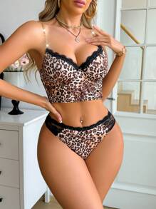 2pcs/Set Women Leopard Print Metal Chain Lace Patchwork Bra Set - Multicolor - View 3