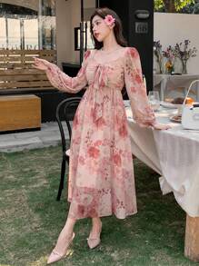DAZY 女士全印花泡泡袖系带中长连衣裙，秋季长袖连衣裙，度假装扮 - 粉色 - 查看 3