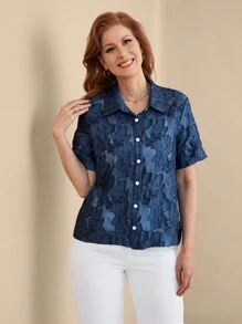 EMERY ROSE Women Casual Solid Color Cut-Out Short Sleeve Shirt - Blue - View 3