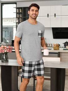 Snug Zone Plaid Print Short Sleeve Shorts Men Pajama Set - Light Grey - View 6