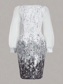 Ellevyn Plus Size Fashionable Party Mesh Contrast Faux Pearl Printed Bodycon Dress