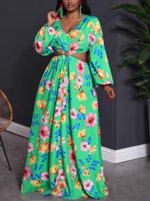 Slaydiva Plus Size Women's Green Floral Maxi Dress: Boho Style Woven Fabric With V Neck And Long Sleeves For A Flowing, Flared Silhouette - Green - View 6