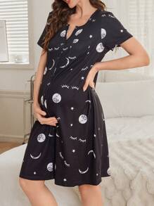 Moonlight&Mama Starry Sky Print Casual Open Front Short Sleeve Maternity Nightgown - Multicolor - View 4