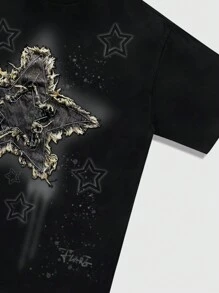 ROMWE MEN Street Life Camiseta casual y de moda con estampado de estrella punk para hombres, talla optimizada - Nueva versión, rave, estilo de los 2000 - Negro - Ver 4