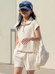 Dazy Kids Set de 2 bucăți de top și pantaloni scurți Tween Girl de culoare uni, ocazional, la modă minimalistă