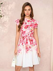SHEIN Clasi Pink Romantic Floral Print Round Neck Cap Sleeve Tie Waist Pleated Hem Fitted Midi Dress For Women,Sun Dress Tea Party Dress Women Clothing Summer Summer Dresses For Women Summer Dresses For Women