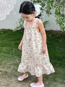 DAZY 少女碎花印花无袖睡裙，夏季假期复活节 - 米色 - 查看 3