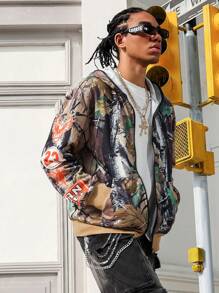 PAVTROS Manfinity Streetrush Men's Branch Print Long Sleeve Zipper Hooded Sweatshirt - Multicolor - View 4