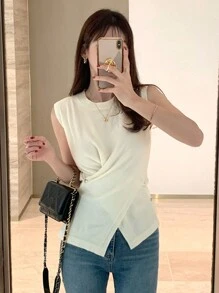 DAZY Áo len dệt kim không tay cổ tròn bất đối xứng màu trơn cho nữ, màu mơ, xuân/hè - Màu be - Xem 4