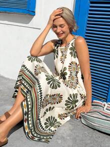 EMERY ROSE Abito da donna con stampa floreale, senza maniche, a collo tondo, per vacanze in campagna, taglie comode
