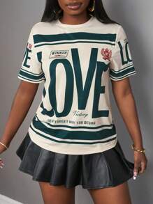 Slaydiva Áo thun họa tiết thời trang đường phố dành cho nữ mùa xuân và mùa hè mới thường ngày đường phố màu mơ sọc xanh lá cây in khẩu hiệu chữ tình yêu áo phông nữ - Màu be - Xem 4