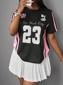 Slaydiva Graphic Tees Women Streetwear For Women Gyaru New Spring And Summer Casual Street Black With Pink Stripes 23 Letter Slogan Logo Full Printed Women's T-Shirt-B - Black - View 3