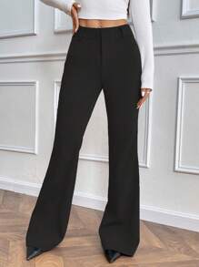 Gloray Pantalon en sergé gris à ouverture frontale, taille basse et ourlet évasé, pour l'automne/l'hiver, mode femme