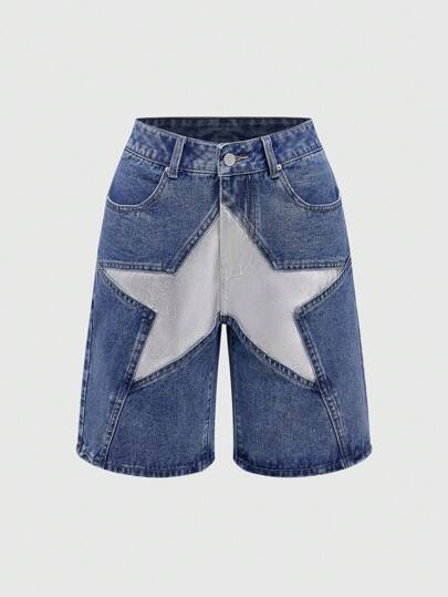 Pantaloncini medi oversize con stampa stelle in stile Y2K millennio e foil