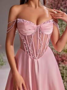 Glamrae 优雅、浪漫、华丽、端庄、粉色、缎面、抹胸、人字形腰部、半透明、领口珍珠项链装饰、蕾丝装饰、大A字裙、拖尾、后系带、高开衩、适合婚礼活动、节日、婚礼宾客、度假、舞会、正式晚礼服、派对礼服、礼服、晚会 - 粉色 - 查看 2