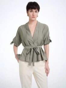 Aalyst Áo cánh tay ngắn cổ chữ V xếp nếp nơ trơn màu cho nữ, phong cách đi làm, xuân/hè - màu xanh lá - Xem 5