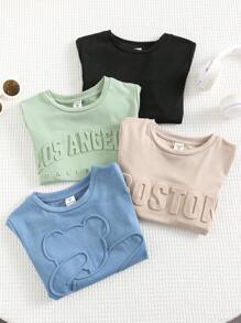 SHEIN 8 件套年轻男童舒适休闲日常百搭压花字母短袖 T 恤和短裤套装，适合春夏季、日常穿着、运动、郊游、学校、聚会、度假、拍照、返校季