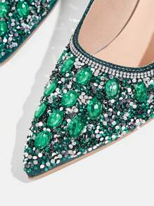CUCCOO TILAWA Women's Crystal Heel Rhinestone Pointed Toe Hollow Out Black Slip-On Pumps, Suitable For Going Out, Banquet, Party And Other Occasions - Green - View 6