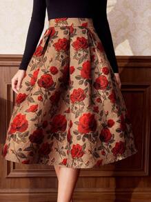 Vintamour 复古优雅女式提花印花宽松喇叭裙，红色情人节情人服装夏季女士服装 - 紅色 - 查看 1